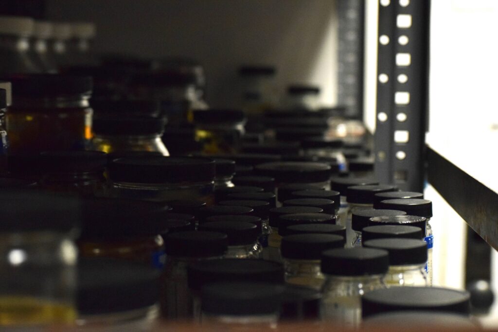 A shelf of jarred aquatic specimens.